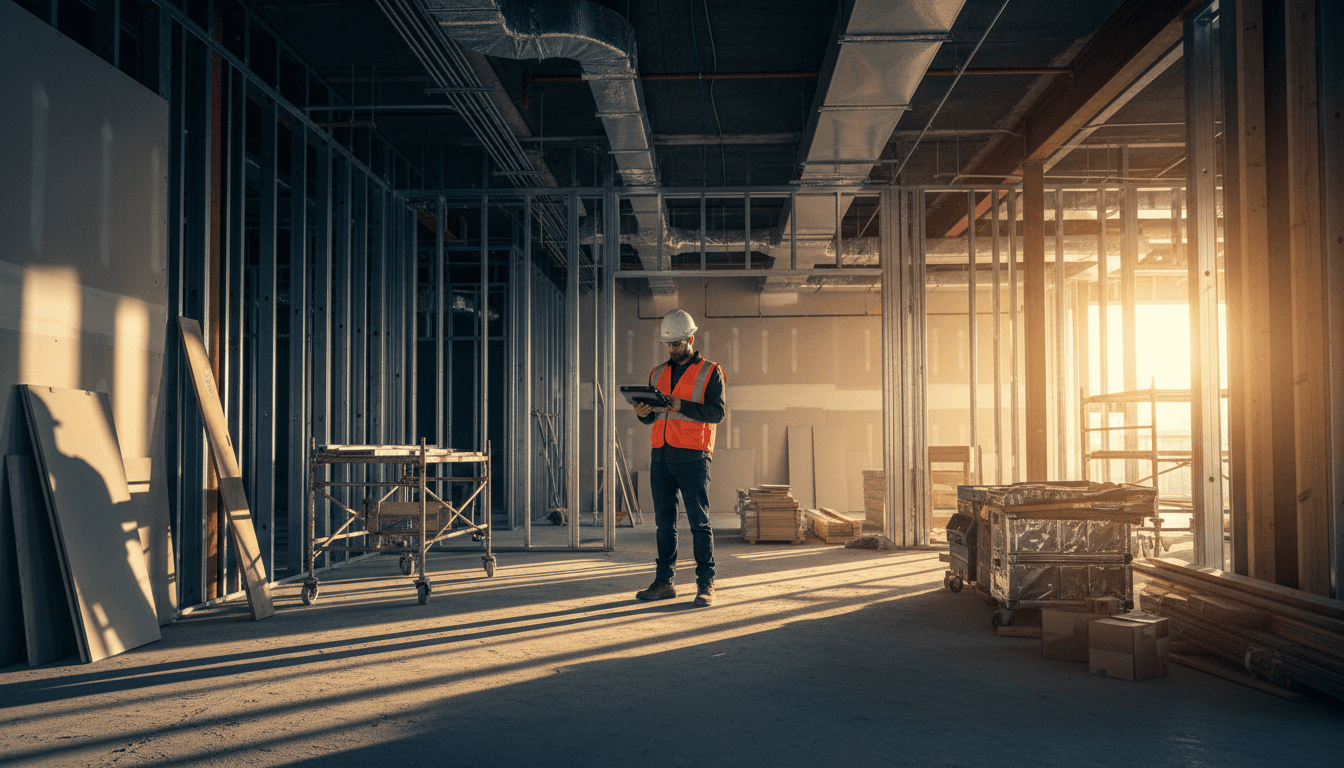 Commercial construction site in Wayne with contractor reviewing project plans