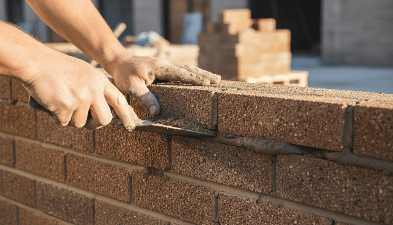 Detailed close-up of exterior brick masonry work on commercial renovation project