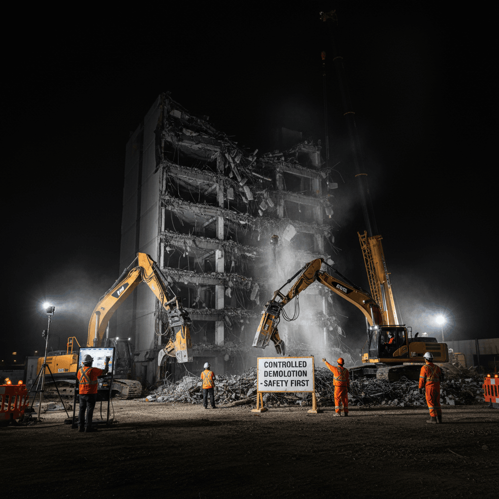 Dark, dramatic and moody aesthetic with deep shadows and selective lighting. Wide shot of a commercial building demolition site with structural deconstruction in progress.