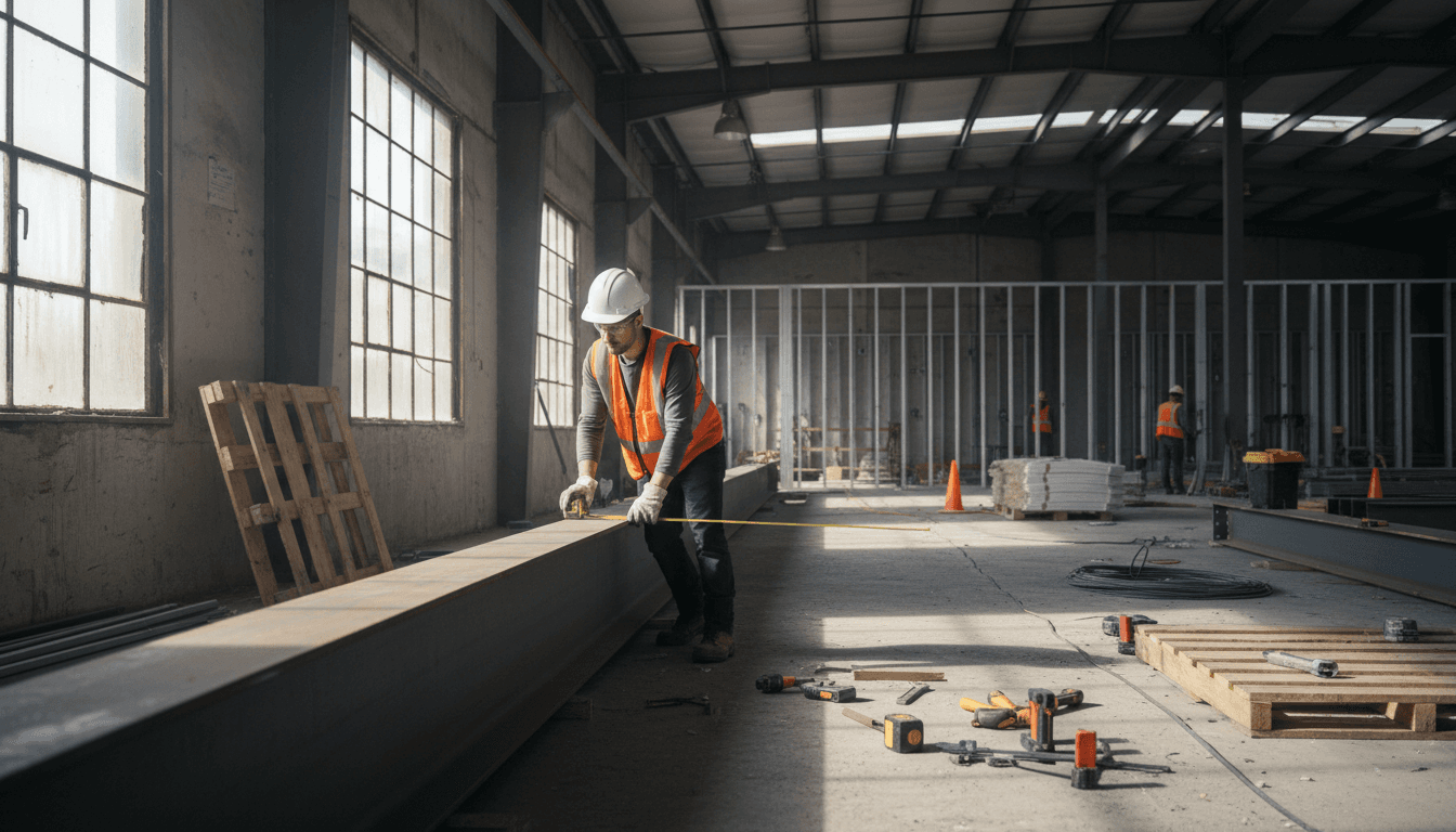 Commercial construction worker measuring structural beam on active job site