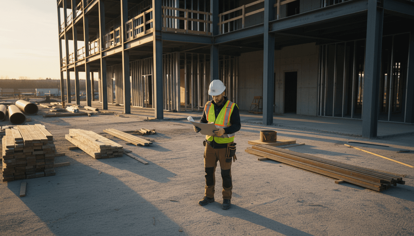 General contractor reviewing blueprints on an active commercial construction site