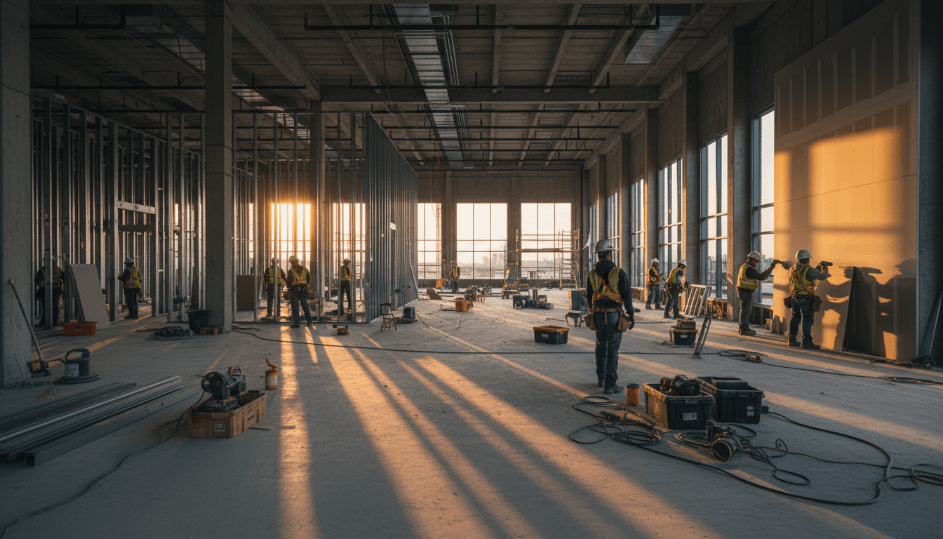 Commercial construction site interior fit-out project in Wayne with workers installing steel framing