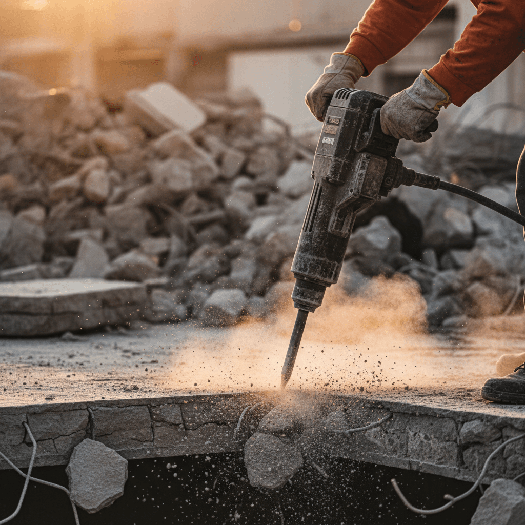 Close-up of pneumatic jackhammer breaking concrete with dust clouds and worker hands visible
