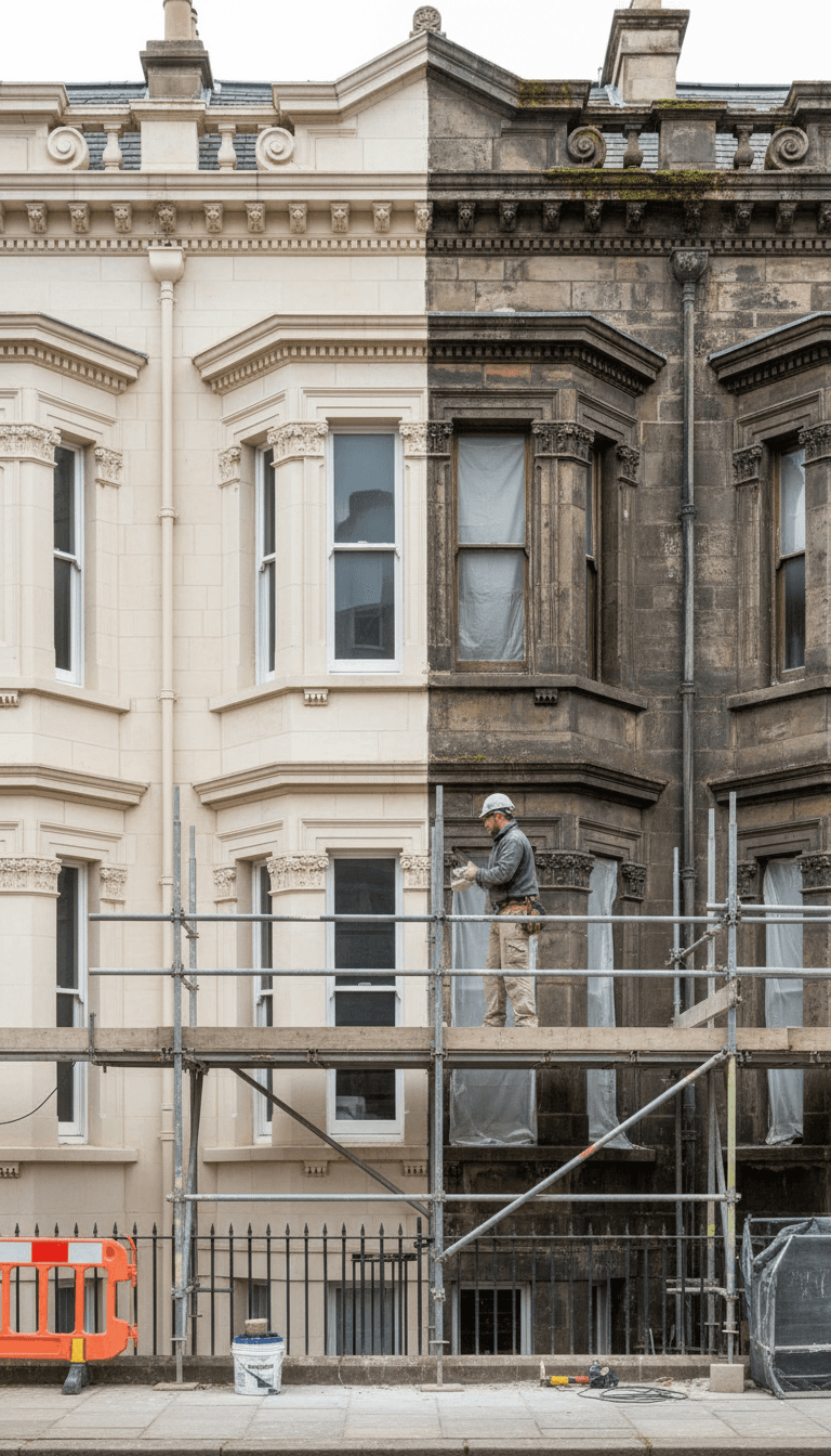 Facade restoration specialist working on historic building stonework, showing contrast between newly restored and original weathered masonry